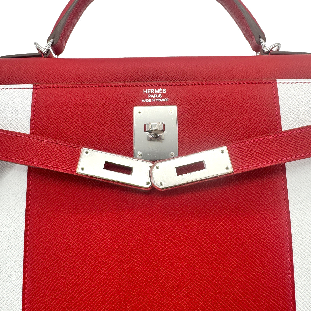 HERMES KELLY FLAG 32 SELLIER ROUGE CASAQUE BLANC EPSOM HAND SHOULDER BAG □R SHW 90278473