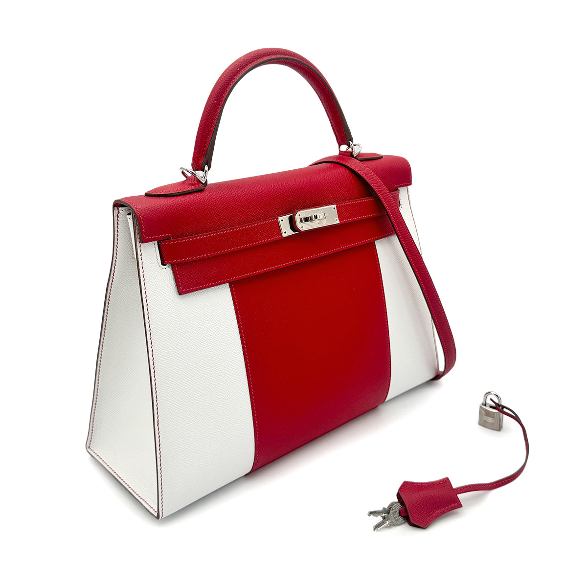 HERMES KELLY FLAG 32 SELLIER ROUGE CASAQUE BLANC EPSOM HAND SHOULDER BAG □R SHW 90278473