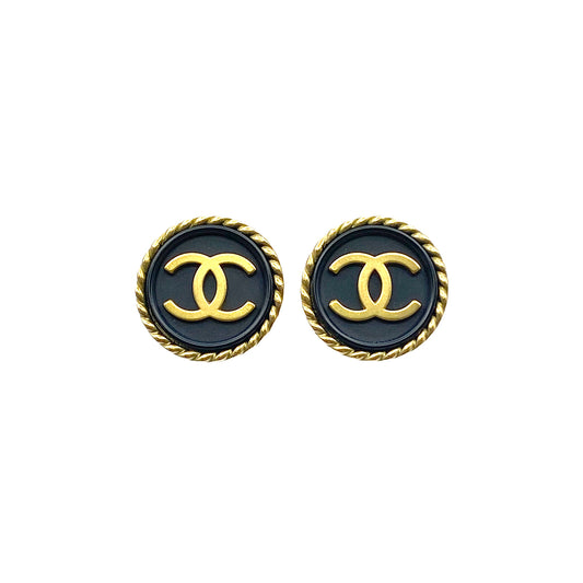 CHANEL VINTAGE EARRINGS COCOMARK ROUND BLACK GOLD ACCESSORY 94A 90278478