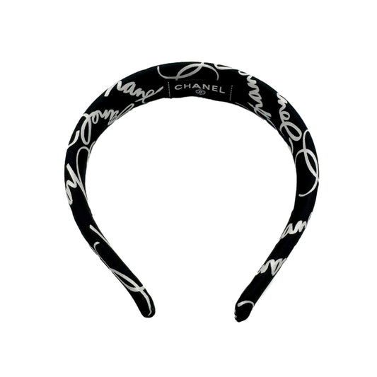 CHANEL HEADBAND LOGO BLACK WHITE SILK HAIR ACCESSORY 90278480