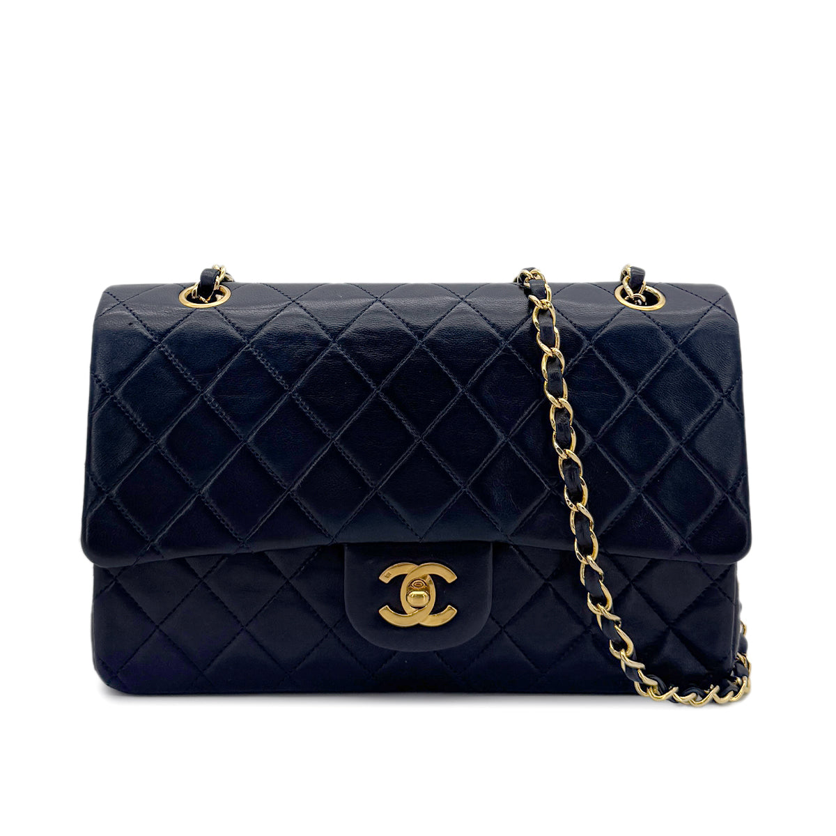 CHANEL VINTAGE CLASSIC FLAP MEDIUM CHAIN SHOULDER BAG NAVY LAMB SKIN 90278492