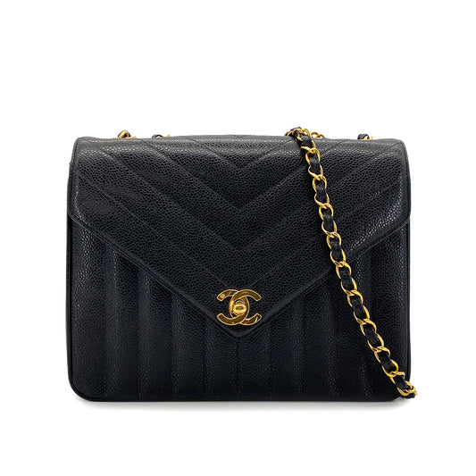 CHANEL VINTAGE CHEVRON CHAIN SHOULDER BAG BLACK CAVIAR SKIN 90278527