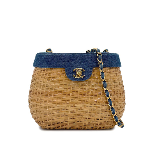 CHANEL VINTAGE CHAIN SHOULDER BASKET BAG BEIGE BLUE DENIM RATTAN 90278583