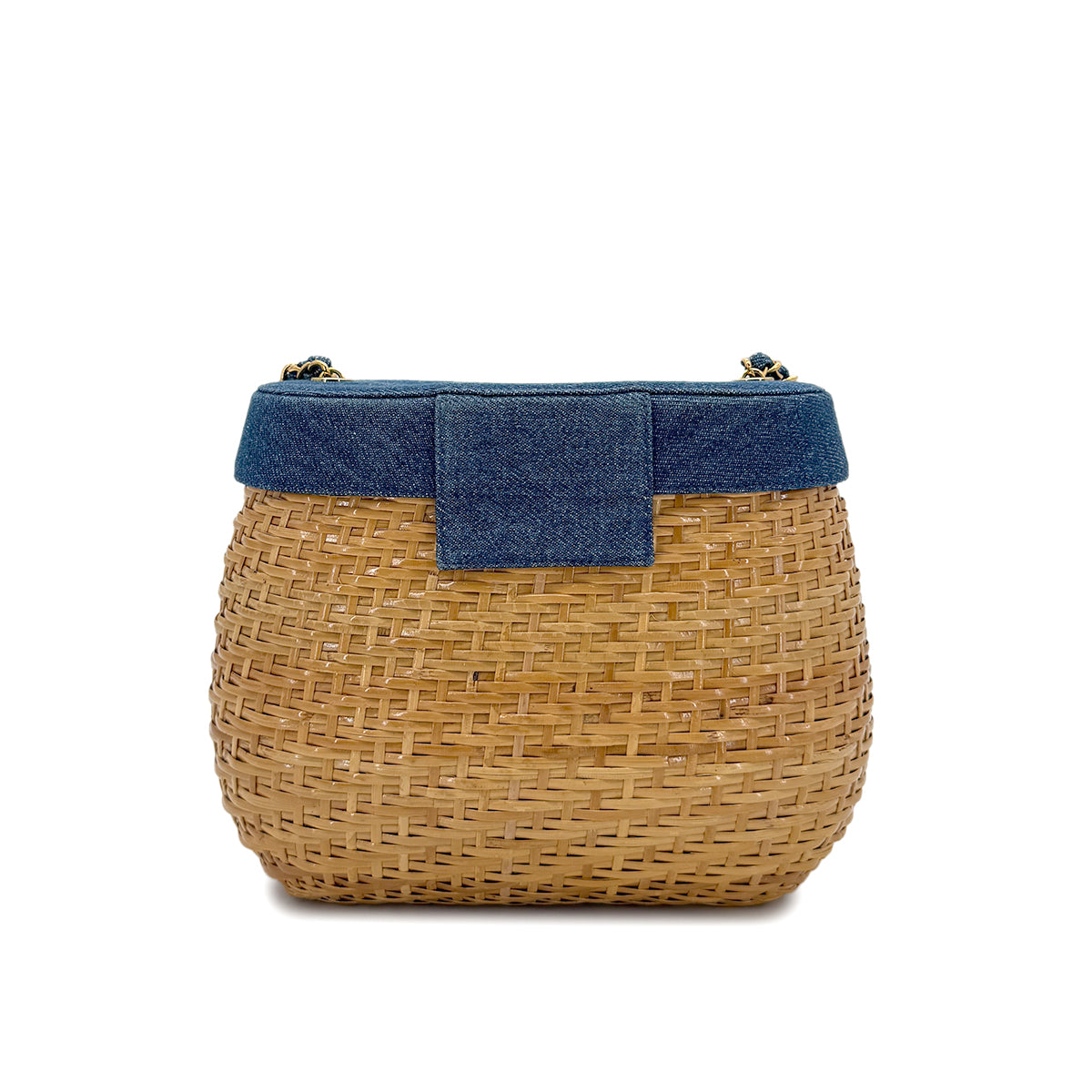 CHANEL VINTAGE CHAIN SHOULDER BASKET BAG BEIGE BLUE DENIM RATTAN 90278583