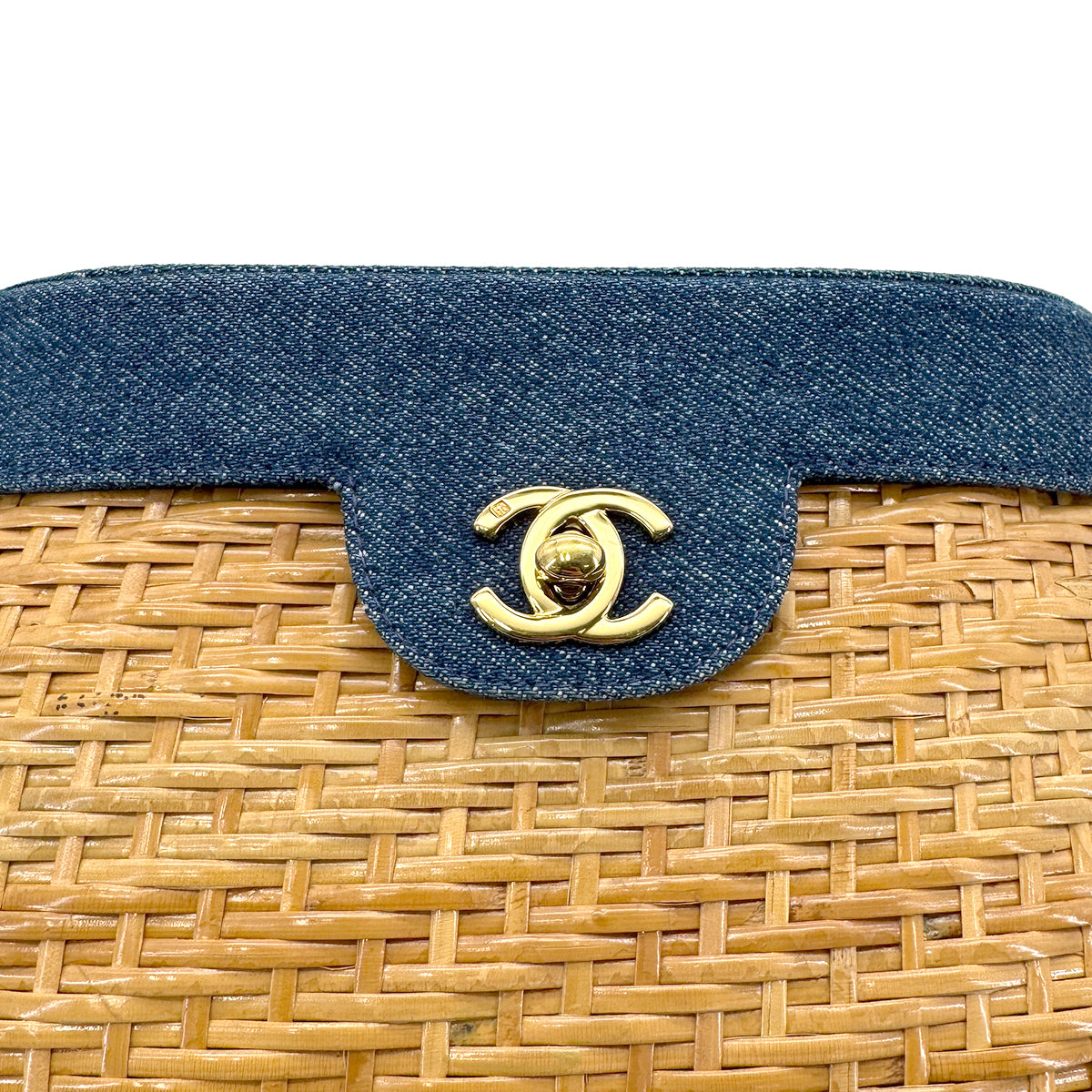 CHANEL VINTAGE CHAIN SHOULDER BASKET BAG BEIGE BLUE DENIM RATTAN 90278583