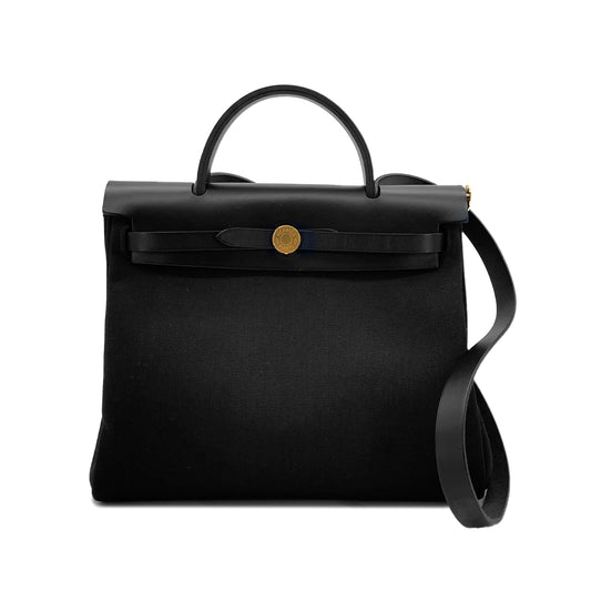 HERMES HER BAG ZIP PM 31 BLACK VACHE HUNTER TOILE MILITARY TOTE SHOULDER BAG Z 90278723