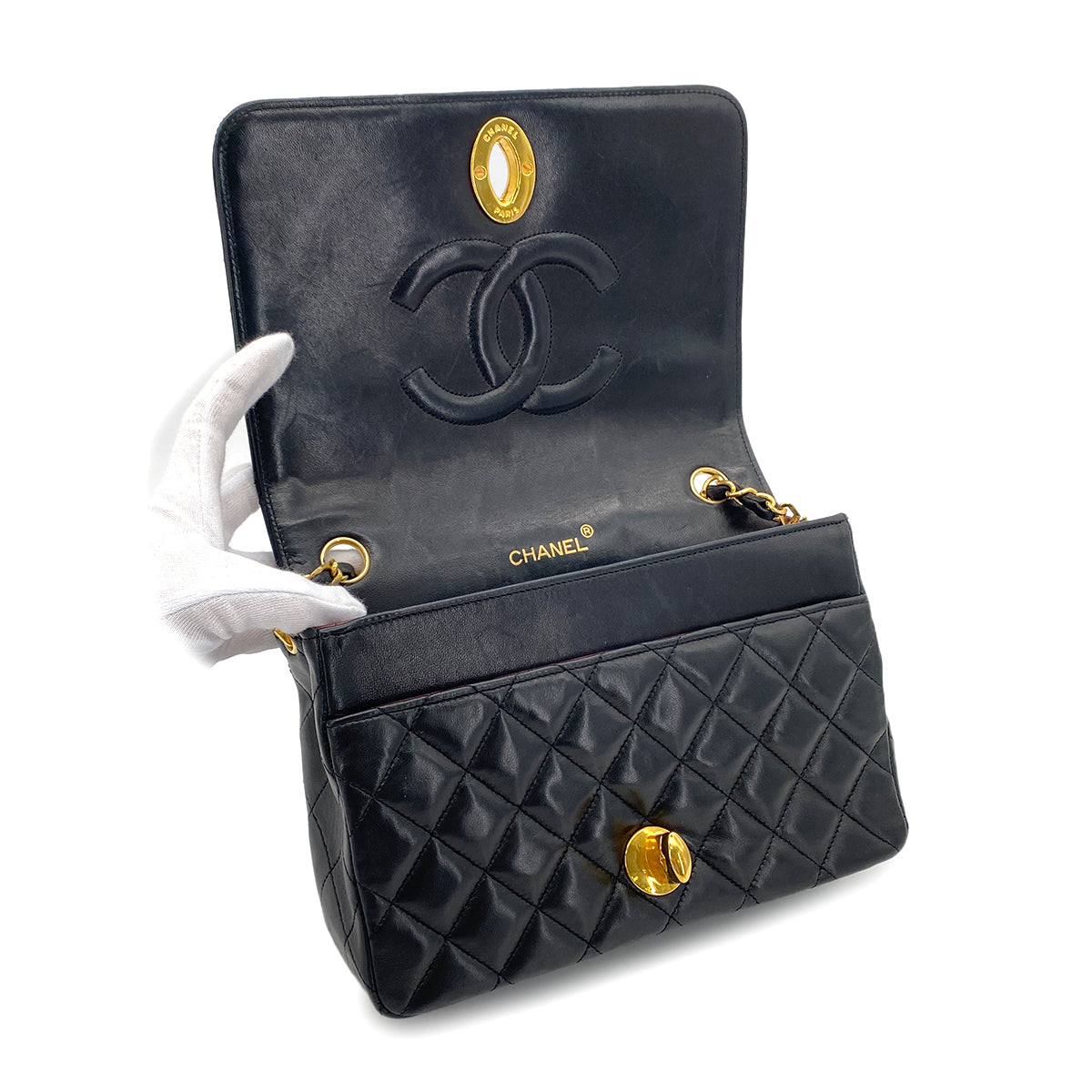 CHANEL VINTAGE MATELASSE BIG COCO CHAIN SHOULDER BAG BLACK LAMB SKIN 90278731