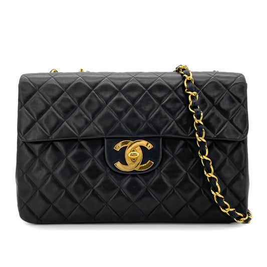CHANEL VINTAGE MAXI MATELASSE 34 CHAIN SHOULDER BAG BLACK LAMB SKIN 90278921