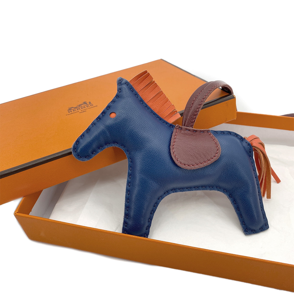 HERMES BAG CHARM RODEO MM BLEU DE MALTE ORANGE POPPY ROUGE H AGNEAU MILO 90278936