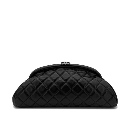 CHANEL VINTAGE MATELASSE SECOND POACH HAND BAG BLACK LAMB SKIN 90278941