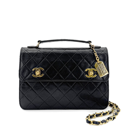 CHANEL VINTAGE DOUBLE TURN LOCK 2WAY CHAIN SHOULDER BAG BLACK LAMB SKIN 90278997