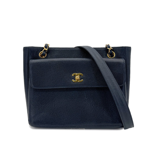 CHANEL VINTAGE CHAIN TOTE BAG NAVY CAVIAR SKIN 90278998