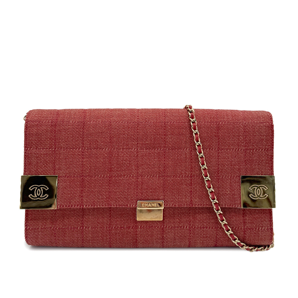 CHANEL VINTAGE CHOCOLATE BAR CHAIN SHOULDER BAG RED DENIM 90279008