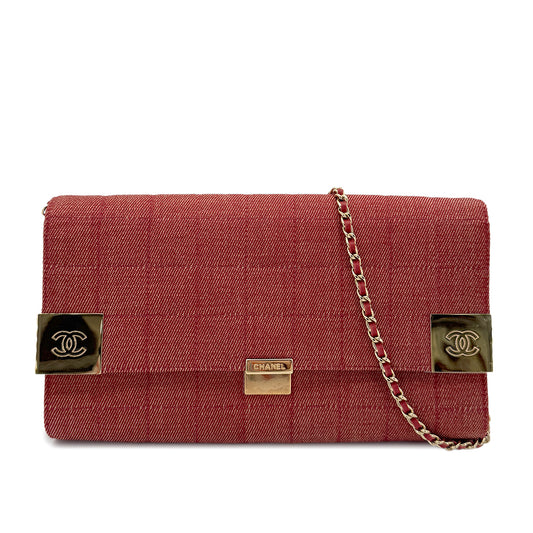 CHANEL VINTAGE CHOCOLATE BAR CHAIN SHOULDER BAG RED DENIM 90279008