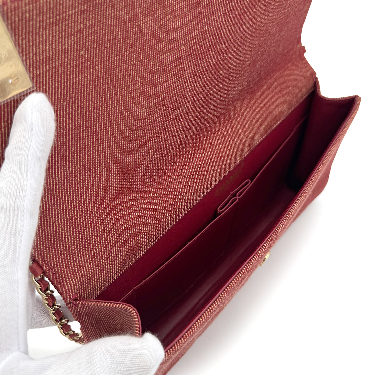 CHANEL VINTAGE CHOCOLATE BAR CHAIN SHOULDER BAG RED DENIM 90279008