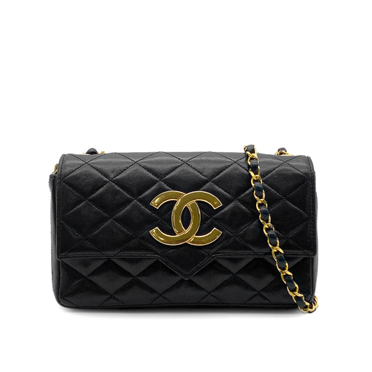 CHANEL VINTAGE MATELASSE BIG COCO CHAIN SHOULDER BAG BLACK LAMB SKIN 90279010