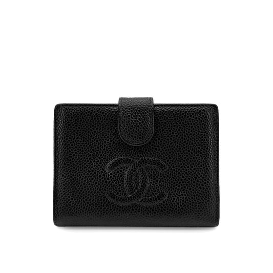 CHANEL VINTAGE BIFOLD COMPACT WALLET BLACK CAVIAR SKIN 90279014