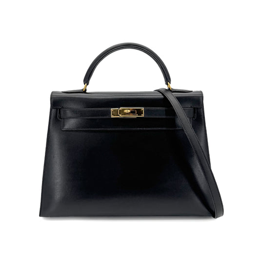 HERMES KELLY 32 SELLIER BLACK BOXCALF HAND SHOULDER BAG 〇A GHW 90279589