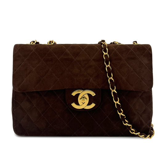 CHANEL VINTAGE MAXI MATELASSE 34 CHAIN SHOULDER BAG BROWN SUEDE 90279593