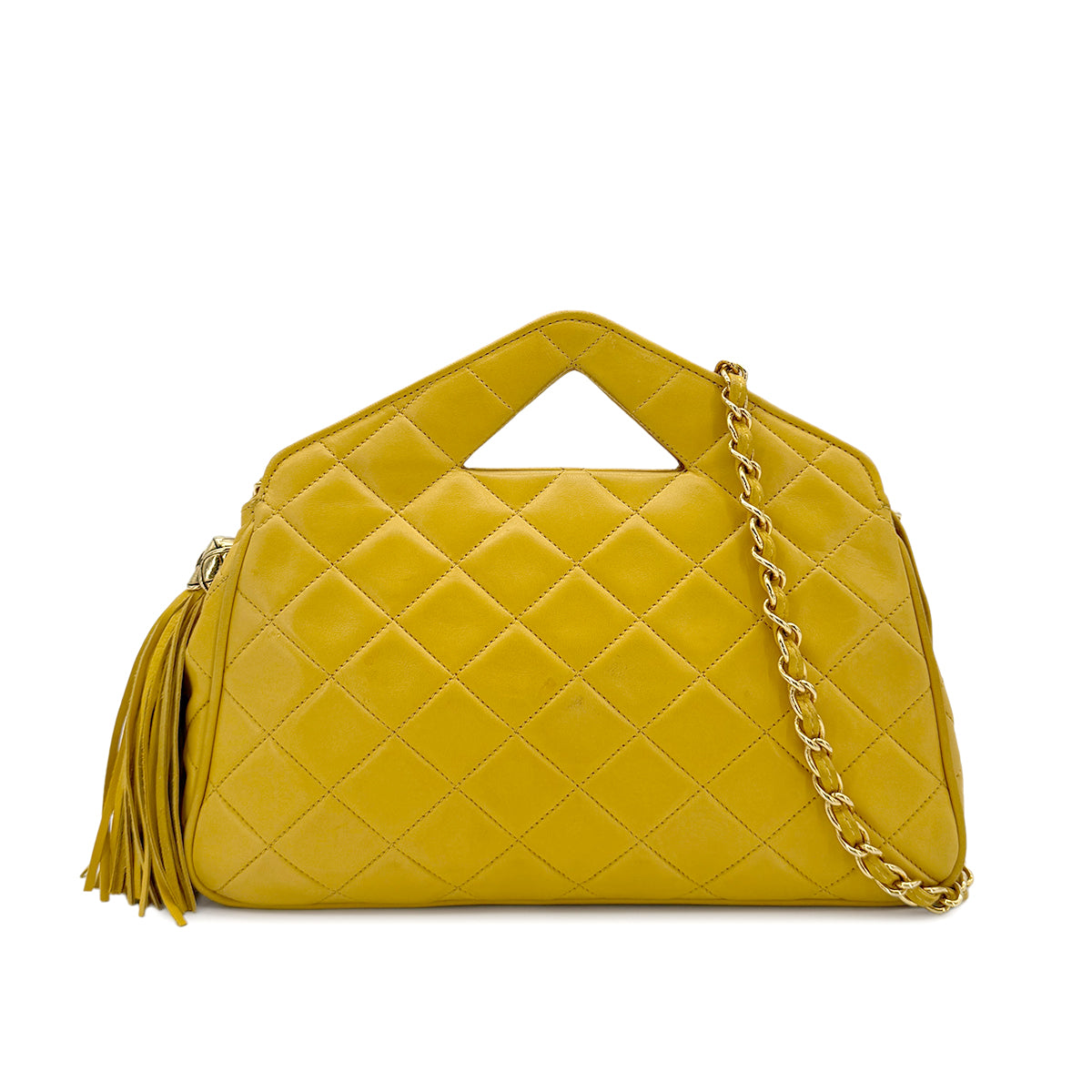 CHANEL VINTAGE MATELASSE FRINGE HAND CHAIN SHOULDER BAG YELLOW LAMB SKIN 90279595
