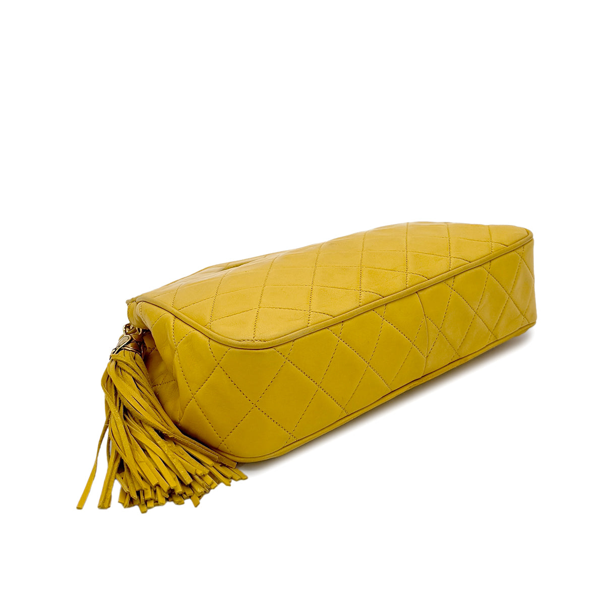 CHANEL VINTAGE MATELASSE FRINGE HAND CHAIN SHOULDER BAG YELLOW LAMB SKIN 90279595