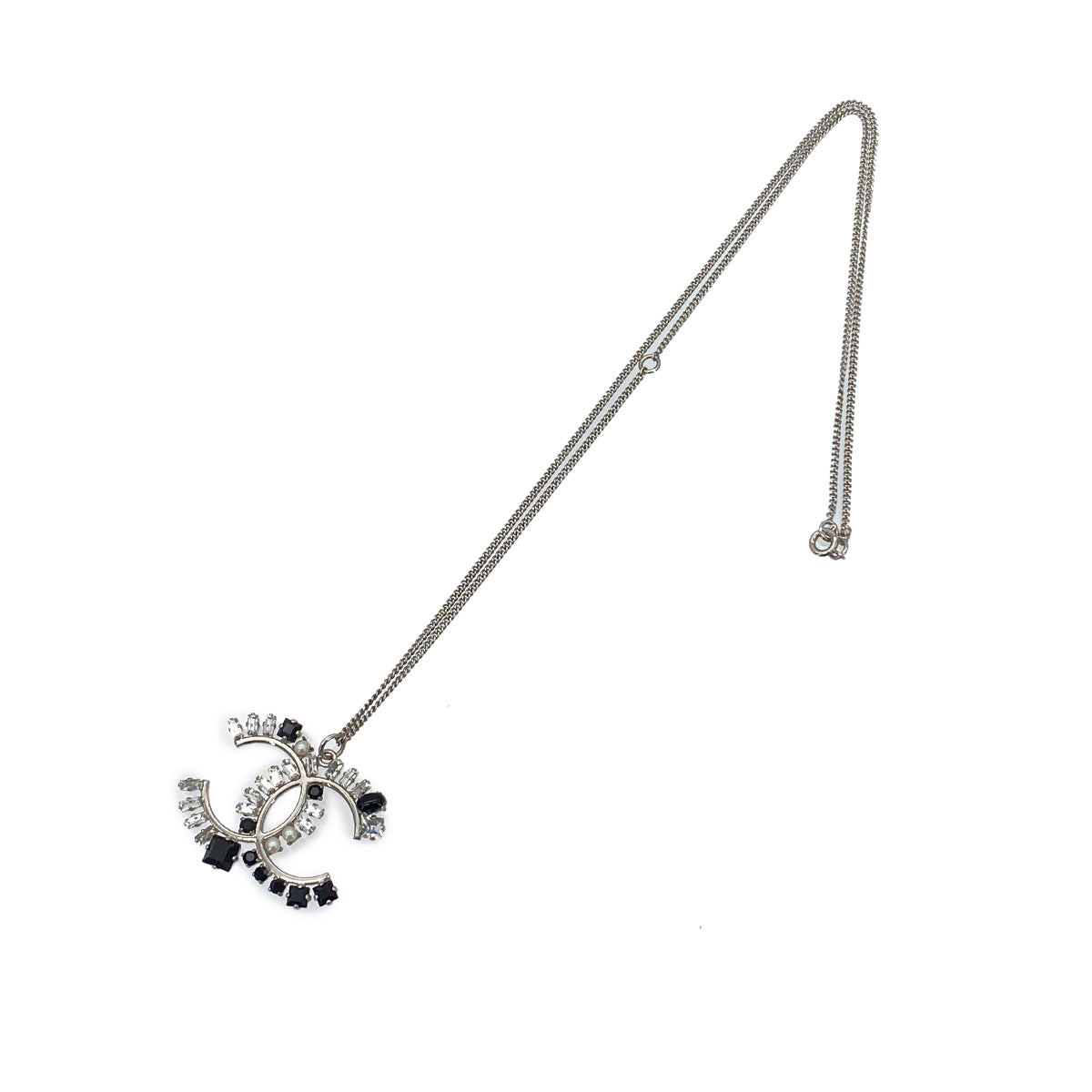 CHANEL NECKLACE COCOMARK RHINESTONE FAKE PEARL SILVER ACCESSORY 05P 90279603