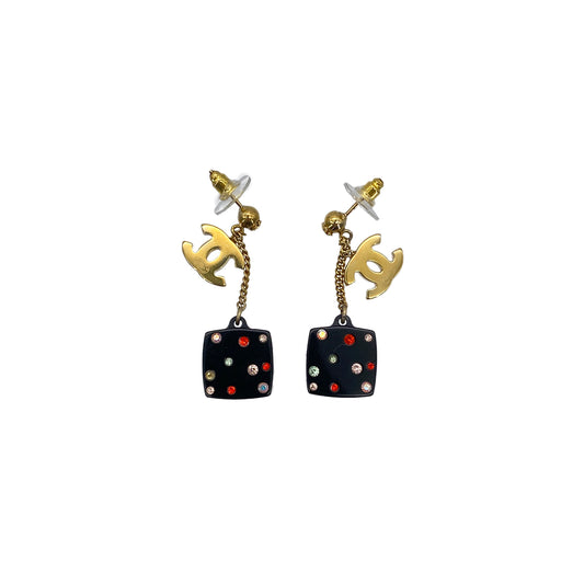 CHANEL EARRINGS COCOMARK DICE COLOR STONE BLACK GOLD ACCESSORY 04A 90279608
