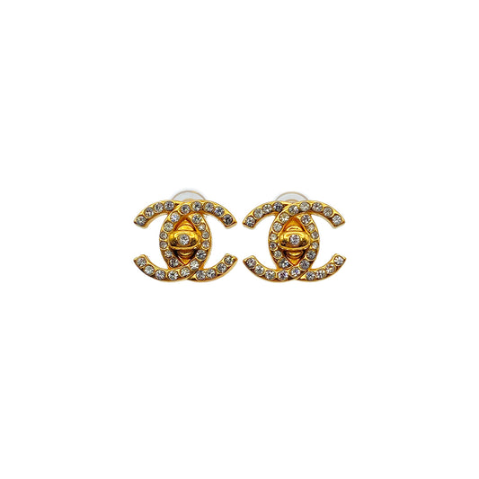 CHANEL VINTAGE EARRINGS COCOMARK RHINESTONE GOLD ACCESSORY 96A 90279609