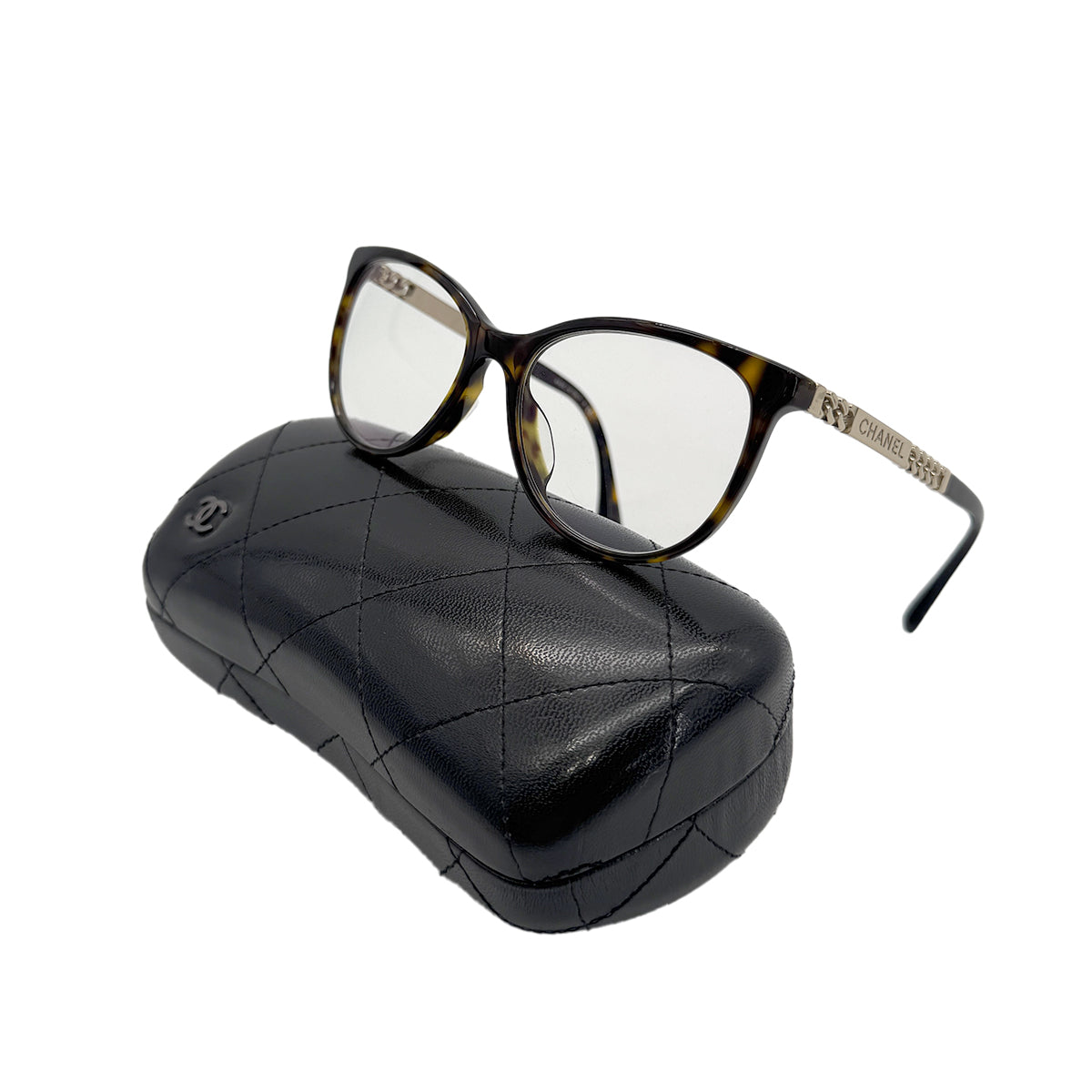 CHANEL GLASSES LOGO TORTOISESHELL CHAIN GOLD BROWN EYEWEAR 90279623
