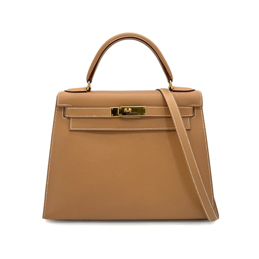 HERMES KELLY 28 SELLIER NATURAL COUCHEVEL HAND SHOULDER BAG □B GHW 90279729