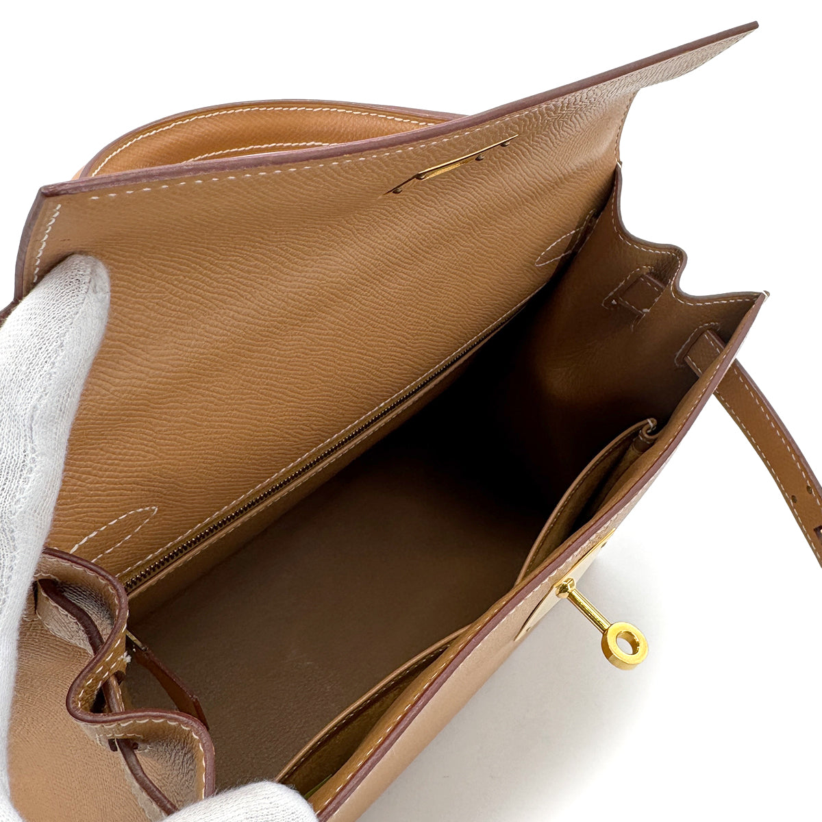 HERMES KELLY 28 SELLIER NATURAL COUCHEVEL HAND SHOULDER BAG □B GHW 90279729