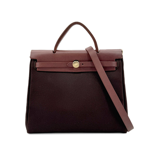 HERMES HER BAG ZIP PM 31 BROWN VACHE HUNTER TOILE OFFICIER TOTE SHOULDER BAG □F GHW 90279733