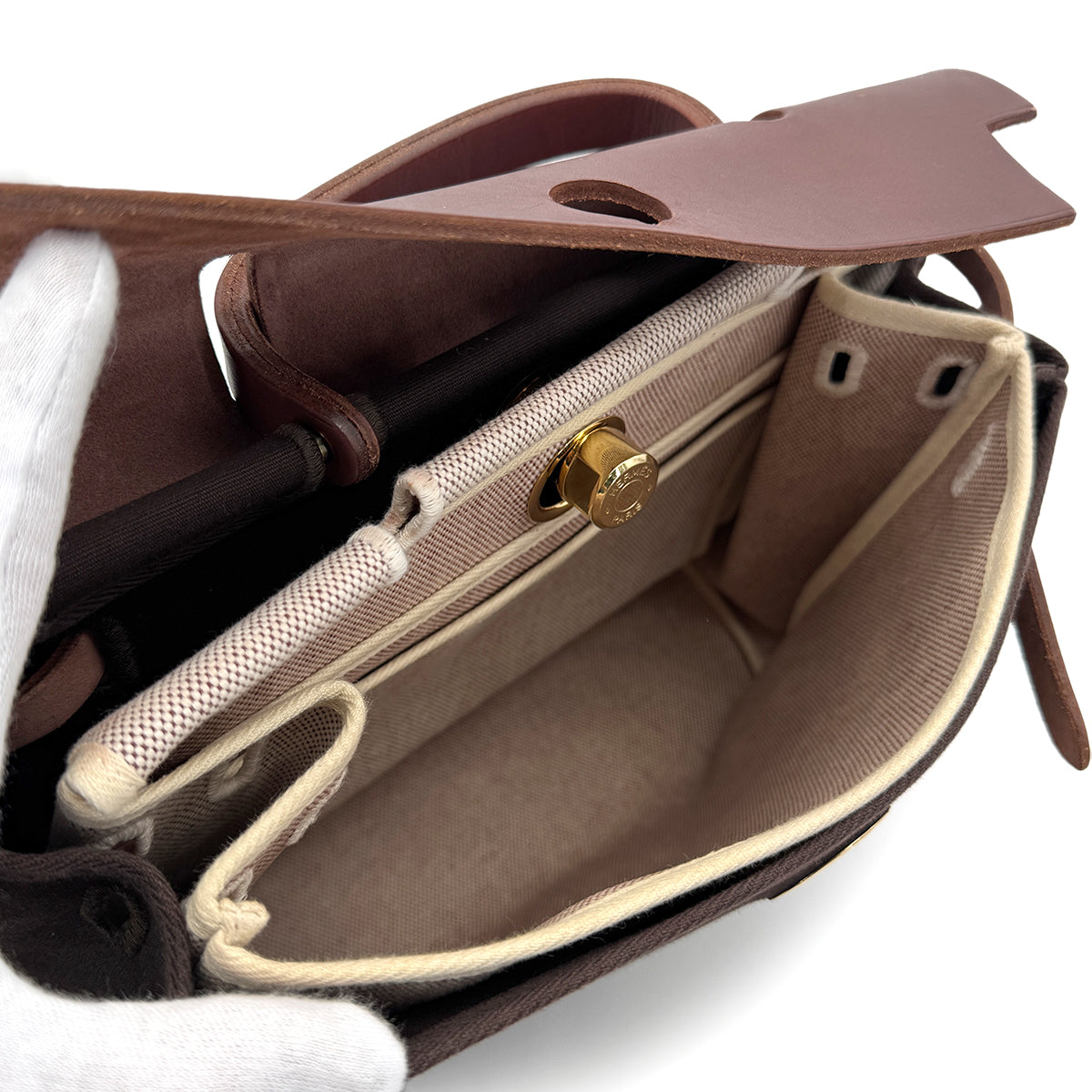 HERMES HER BAG ZIP PM 31 BROWN VACHE HUNTER TOILE OFFICIER TOTE SHOULDER BAG □F GHW 90279733