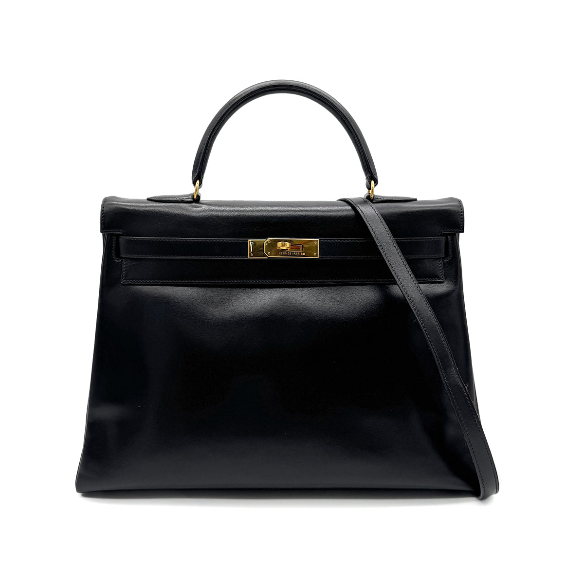 HERMES KELLY 35 RETOURNE BLACK BOXCALF HAND SHOULDER BAG 〇V GHW 90279734
