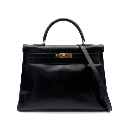HERMES KELLY 35 RETOURNE BLACK BOXCALF HAND SHOULDER BAG 〇V GHW 90279734