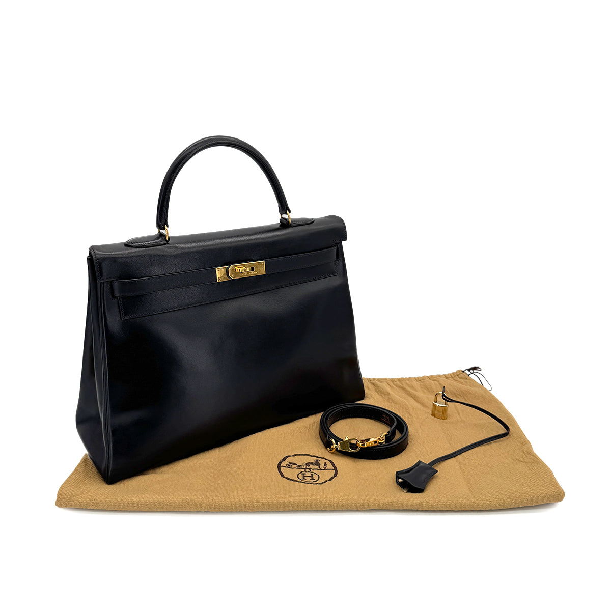 HERMES KELLY 35 RETOURNE BLACK BOXCALF HAND SHOULDER BAG 〇V GHW 90279734