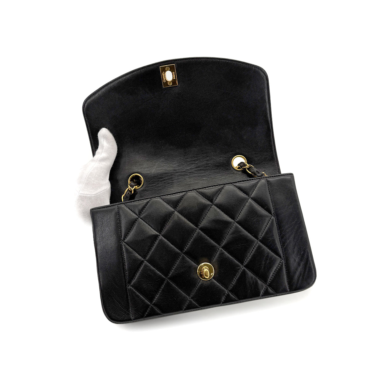 CHANEL VINTAGE DIANA SMALL CHAIN SHOULDER BAG BLACK LAMB SKIN 90279735