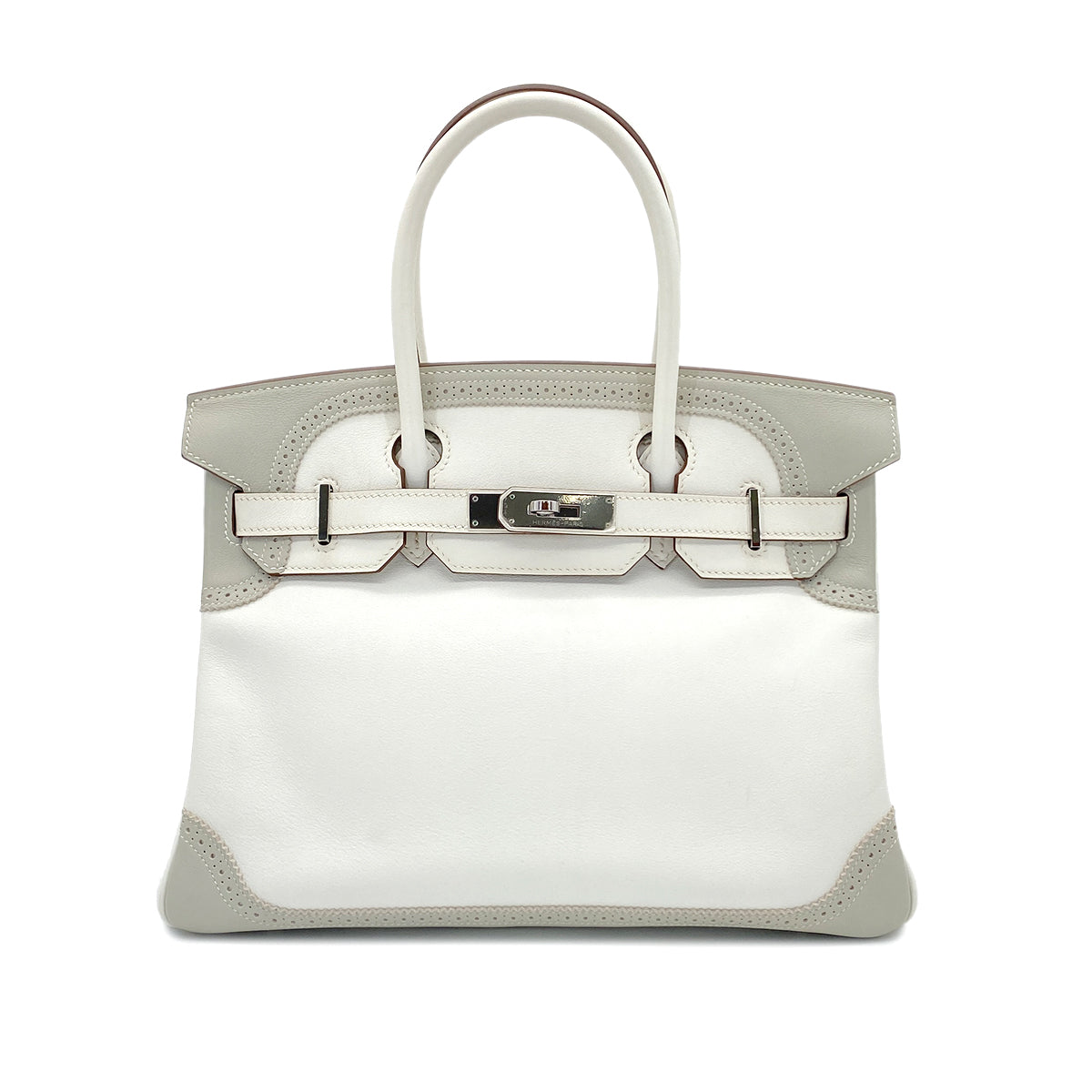 HERMES BIRKIN 30 GHILLIES GRIS PERLE WHITE VEAU SWIFT HAND BAG □Q SHW 90279739