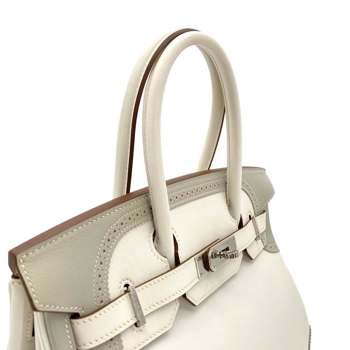 HERMES BIRKIN 30 GHILLIES GRIS PERLE WHITE VEAU SWIFT HAND BAG □Q SHW 90279739