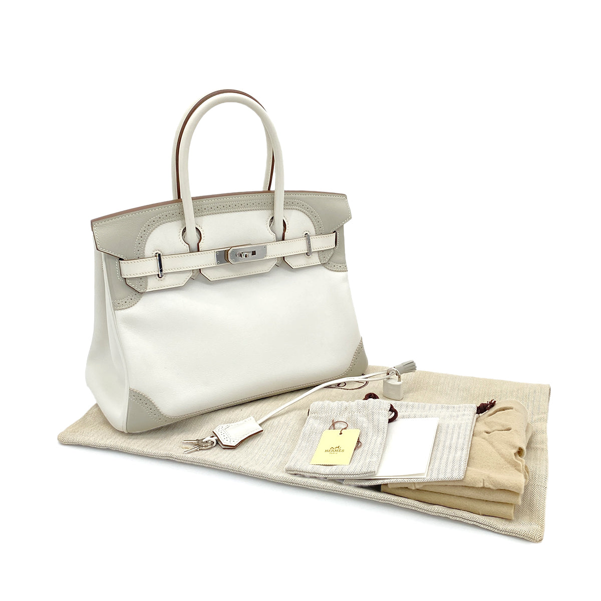 HERMES BIRKIN 30 GHILLIES GRIS PERLE WHITE VEAU SWIFT HAND BAG □Q SHW 90279739