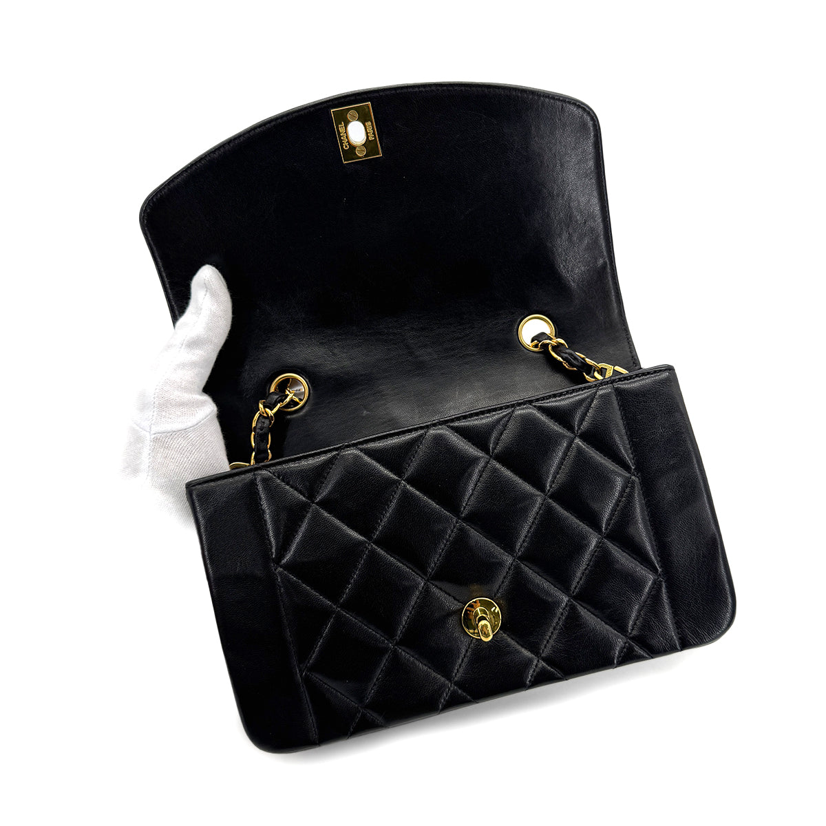 CHANEL VINTAGE DIANA SMALL CHAIN SHOULDER BAG BLACK LAMB SKIN 90279801