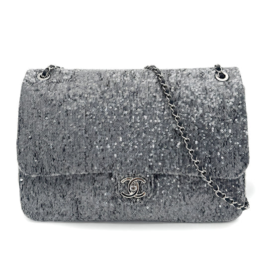CHANEL CHAIN SHOULDER BAG SILVER SEQUINS LEATHER 90279806