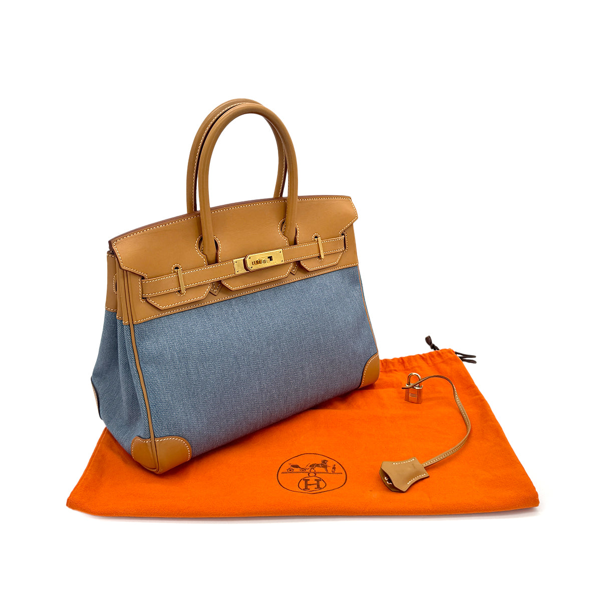 HERMES BIRKIN 30 BLUE NATUREL VALENIA TOILE JEAN HAND BAG □G GHW 90279807