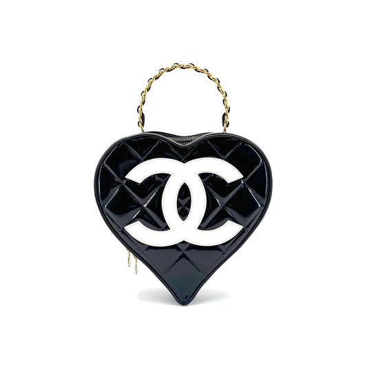 CHANEL VINTAGE MATELASSE HEART VANITY HAND BAG BLACK ENAMEL 90279823