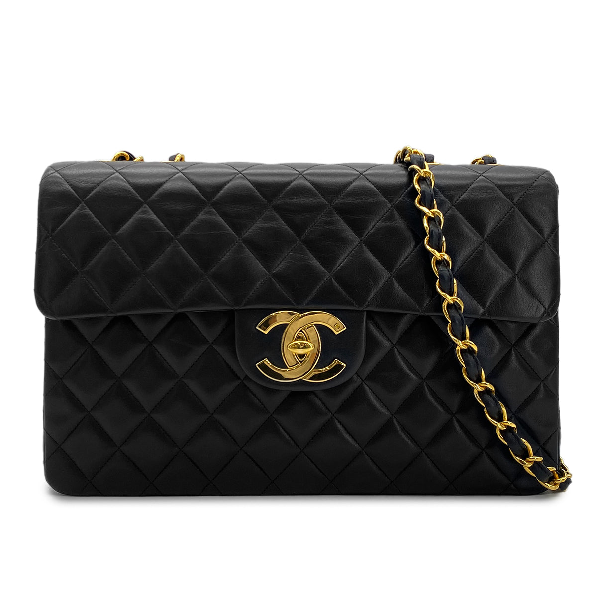 CHANEL VINTAGE MAXI MATELASSE 34 CHAIN SHOULDER BAG BLACK LAMB SKIN 90279826