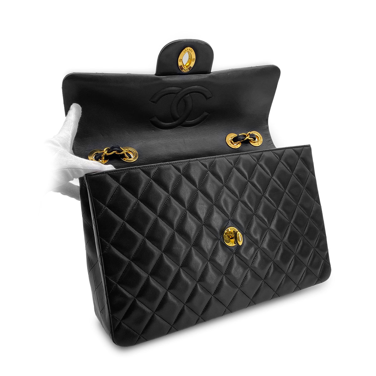 CHANEL VINTAGE MAXI MATELASSE 34 CHAIN SHOULDER BAG BLACK LAMB SKIN 90279826