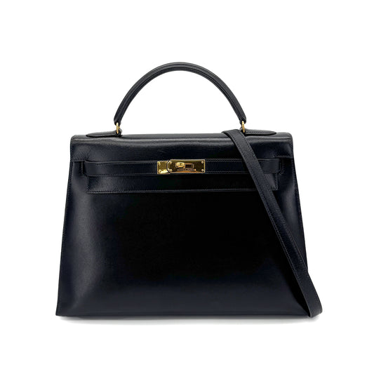 HERMES KELLY 32 SELLIER BLACK BOXCALF HAND SHOULDER BAG 〇U GHW 90279828