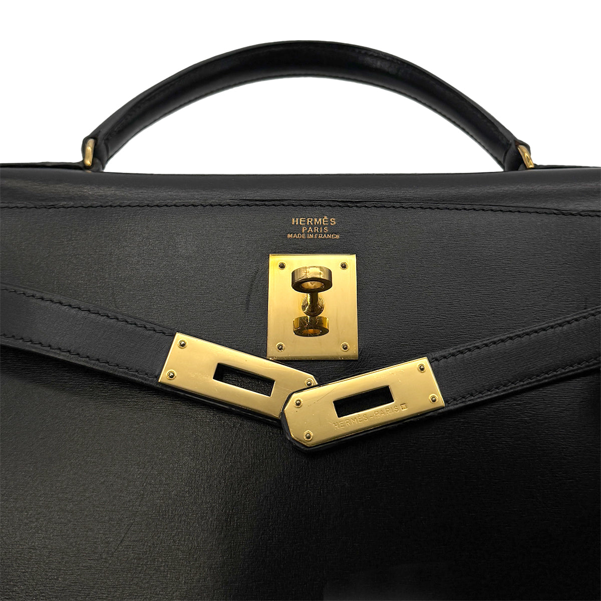 HERMES KELLY 32 SELLIER BLACK BOXCALF HAND SHOULDER BAG 〇U GHW 90279828