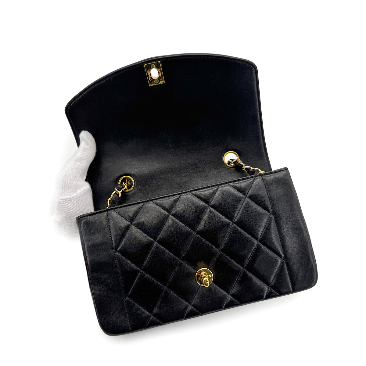 CHANEL VINTAGE DIANA SMALL CHAIN SHOULDER BAG BLACK LAMB SKIN 90279948