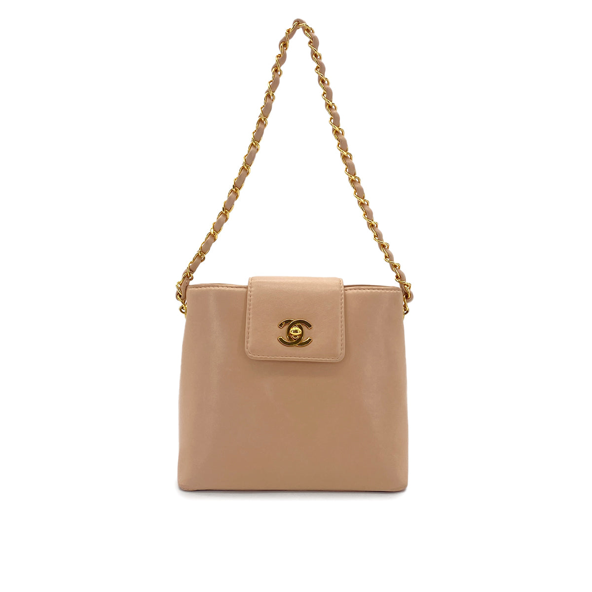CHANEL VINTAGE TURN LOCK CHAIN SHOULDER BAG BEIGE LAMB SKIN 90280286